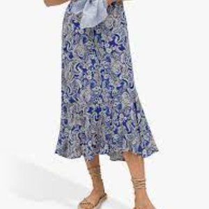 Mango Paisly Print Ruffle Hem Midi Skirt Blue